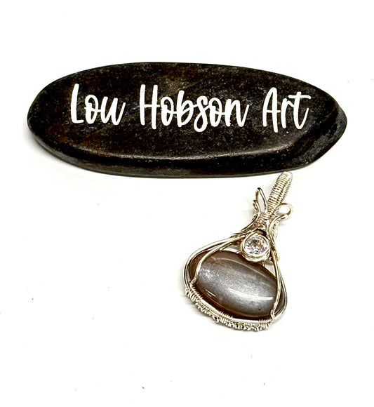 HANDMADE Gray Moonstone and Cubic Zirconia Wire Wrapped Elegant Pendant, Artisan Jewelry Gift for Her