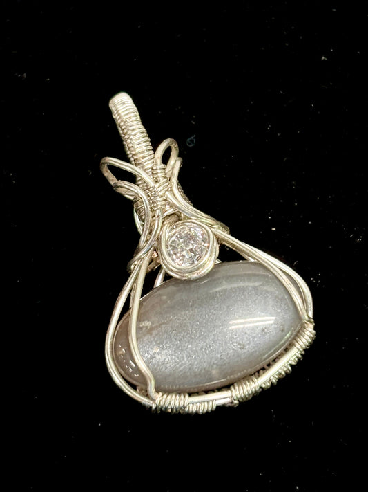 HANDMADE Gray Moonstone and Cubic Zirconia Wire Wrapped Elegant Pendant, Artisan Jewelry Gift for Her