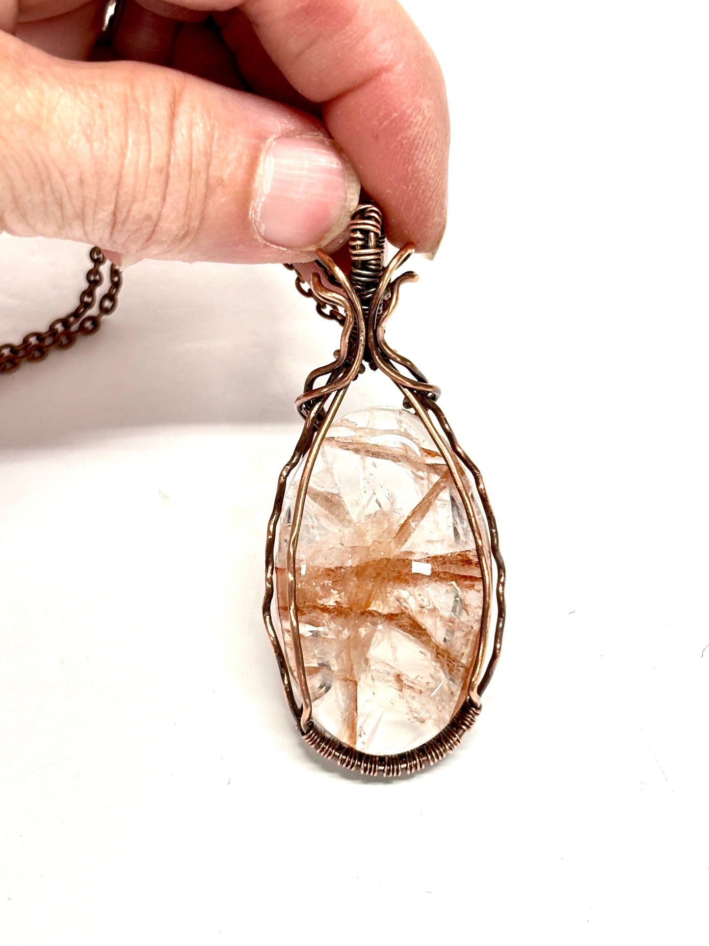 HANDMADE Fire Quartz Wire Wrapped Copper Artistic Pendant, Artisan Jewelry Gift for Her