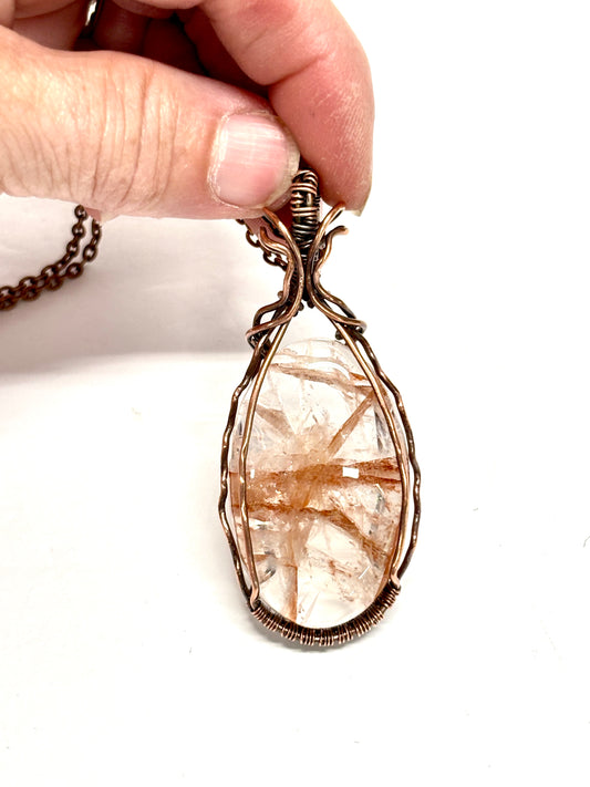HANDMADE Fire Quartz Wire Wrapped Copper Artistic Pendant, Artisan Jewelry Gift for Her