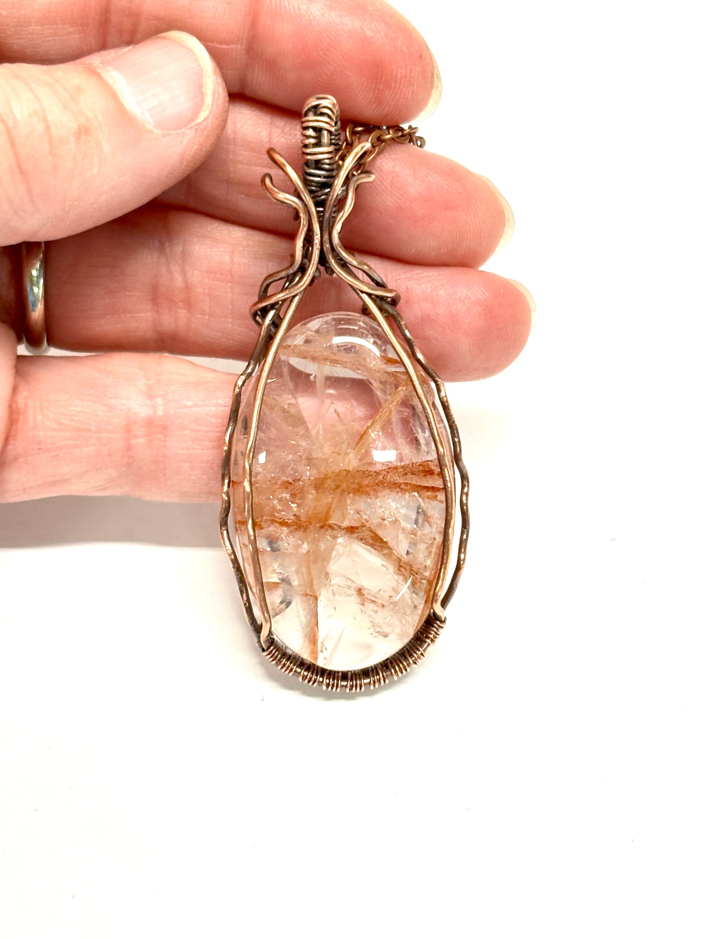 HANDMADE Fire Quartz Wire Wrapped Copper Artistic Pendant, Artisan Jewelry Gift for Her