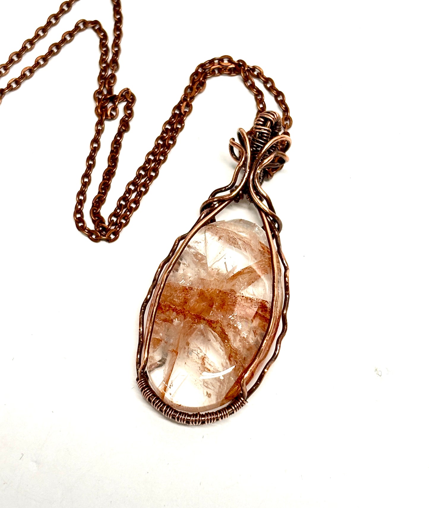 HANDMADE Fire Quartz Wire Wrapped Copper Artistic Pendant, Artisan Jewelry Gift for Her