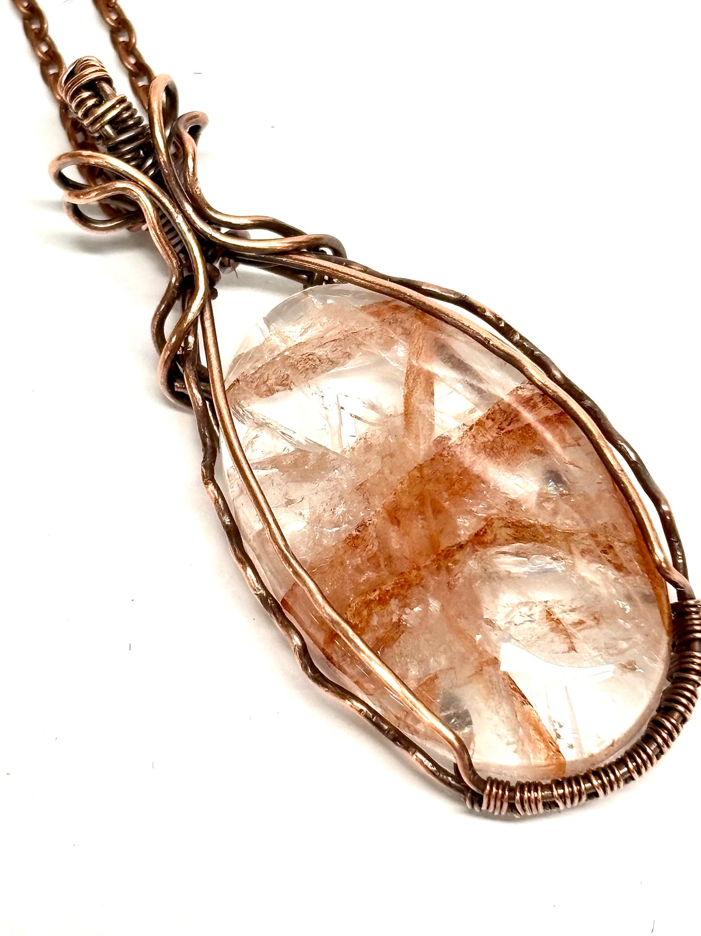 HANDMADE Fire Quartz Wire Wrapped Copper Artistic Pendant, Artisan Jewelry Gift for Her