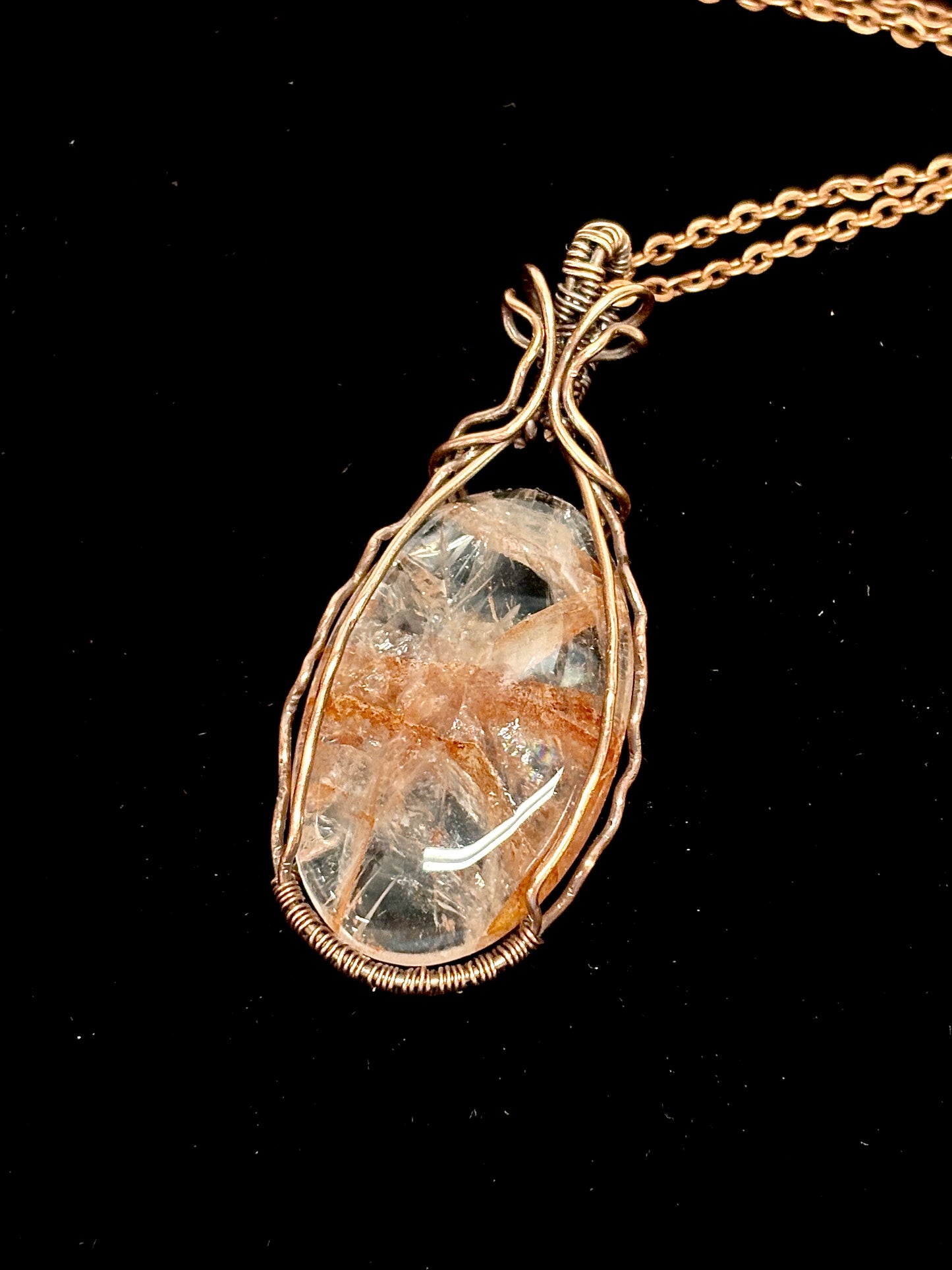 HANDMADE Fire Quartz Wire Wrapped Copper Artistic Pendant, Artisan Jewelry Gift for Her