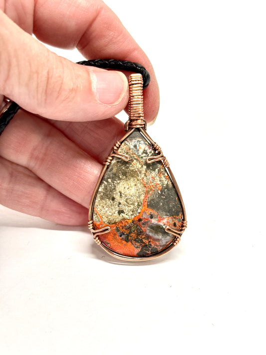 HANDMADE Lava Flow Jasper Wire Wrapped Copper Pendant Necklace, Handcrafted Artisan Unisex Jewelry for Him or Her