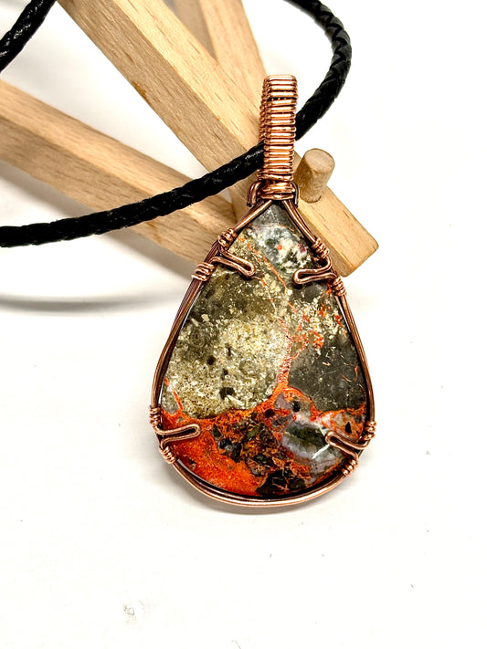HANDMADE Lava Flow Jasper Wire Wrapped Copper Pendant Necklace, Handcrafted Artisan Unisex Jewelry for Him or Her