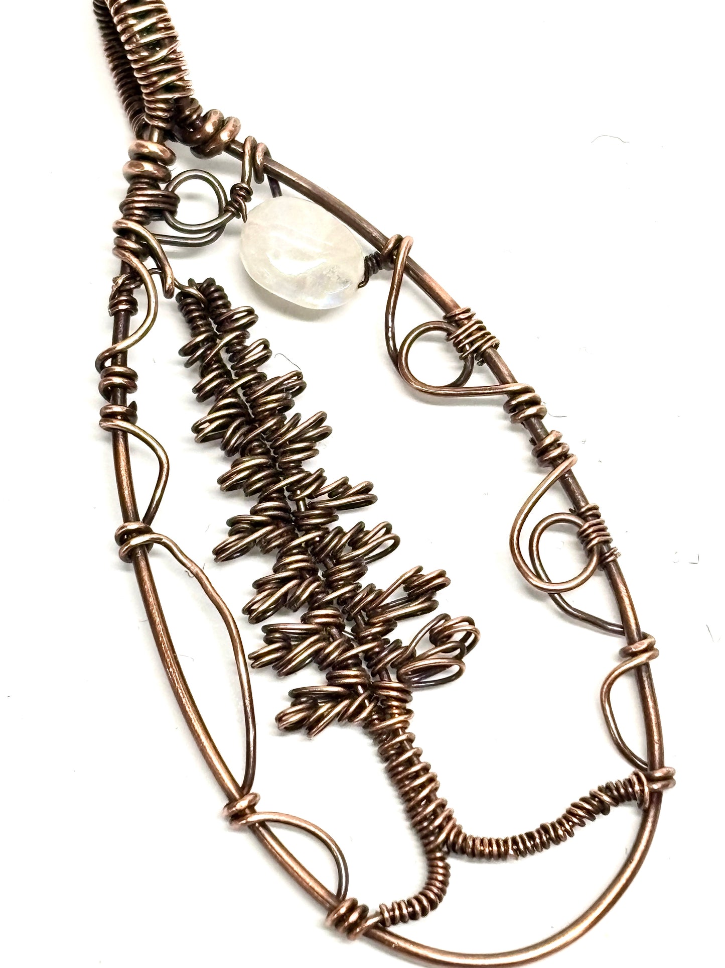 HAND CRAFTED Evergreen and Moonstone Wire Wrapped Copper Statement Necklace, Artisan Handmade Jewelry Unisex Gift for Him or Her