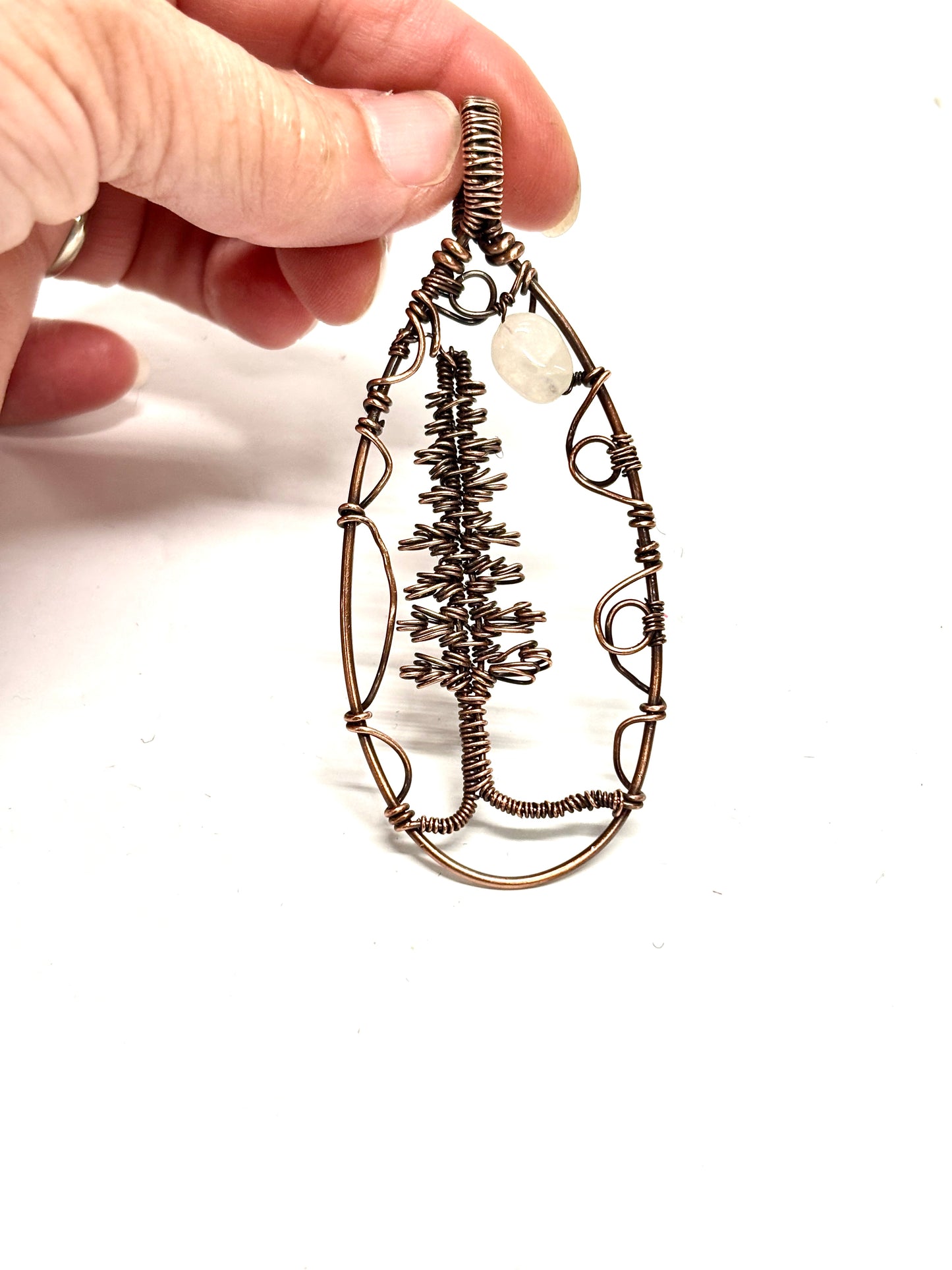 HAND CRAFTED Evergreen and Moonstone Wire Wrapped Copper Statement Necklace, Artisan Handmade Jewelry Unisex Gift for Him or Her