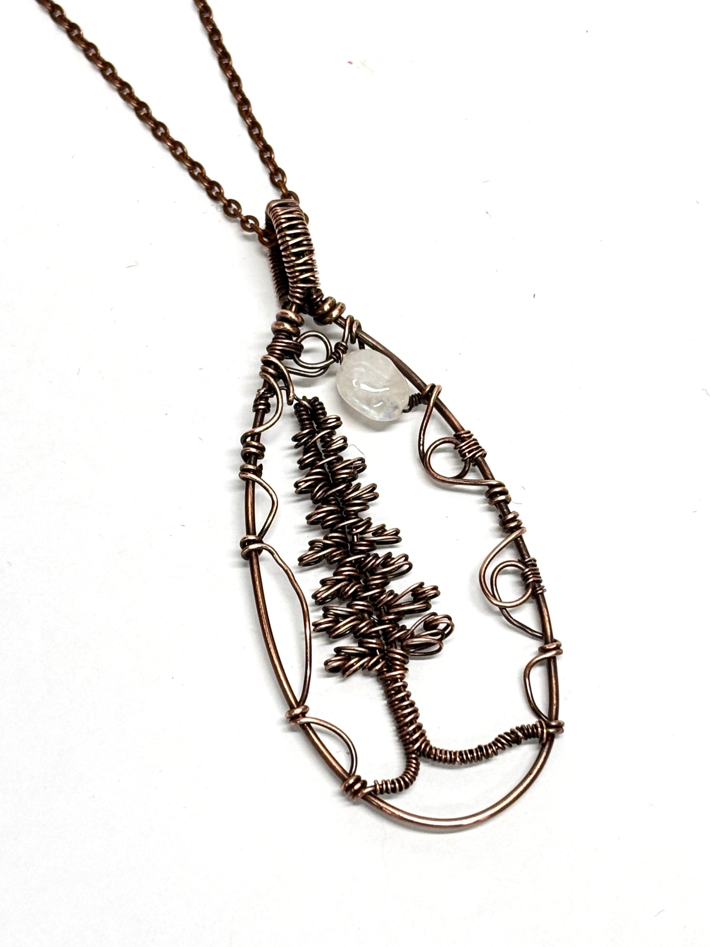 HAND CRAFTED Evergreen and Moonstone Wire Wrapped Copper Statement Necklace, Artisan Handmade Jewelry Unisex Gift for Him or Her