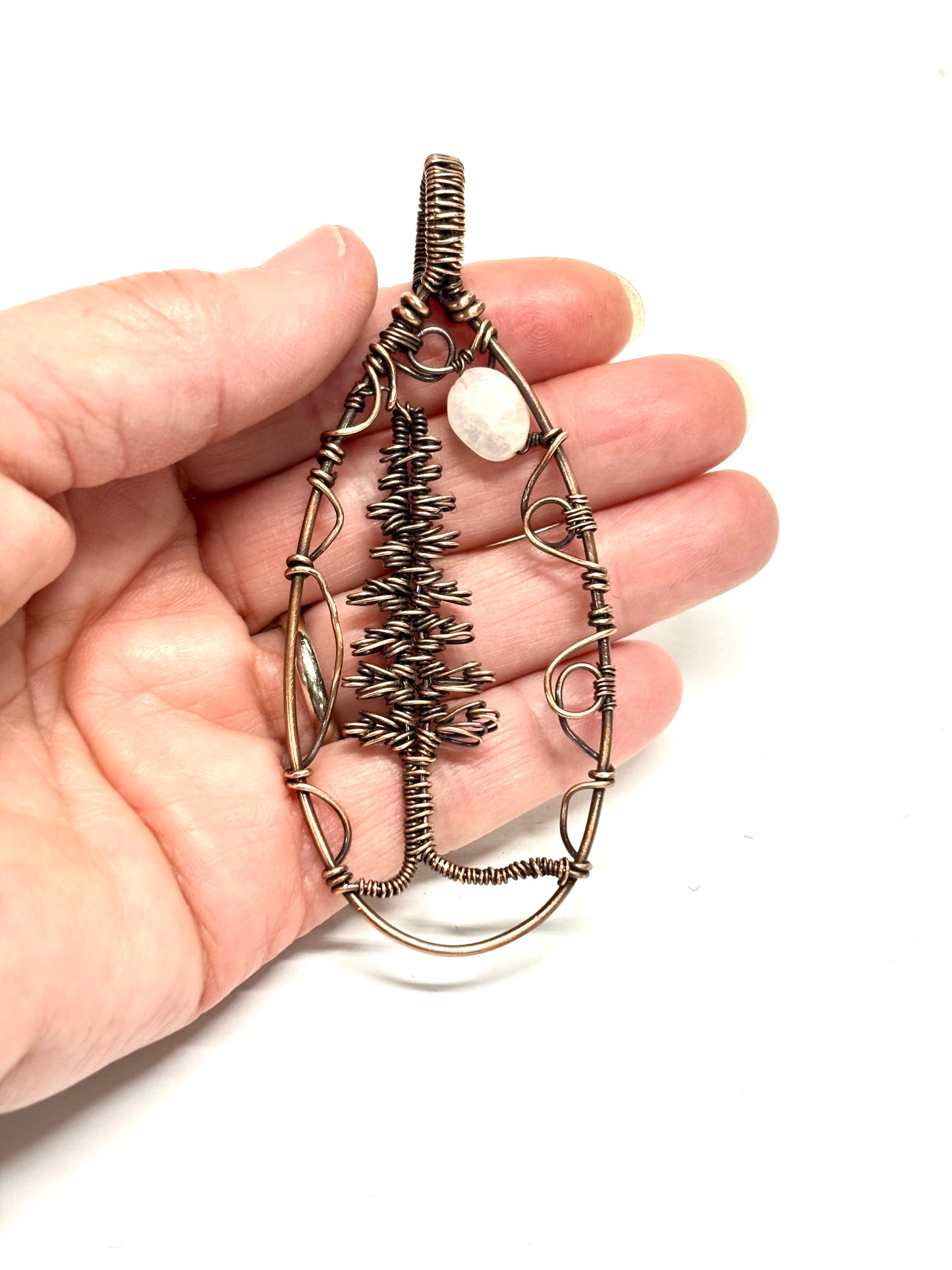 HAND CRAFTED Evergreen and Moonstone Wire Wrapped Copper Statement Necklace, Artisan Handmade Jewelry Unisex Gift for Him or Her
