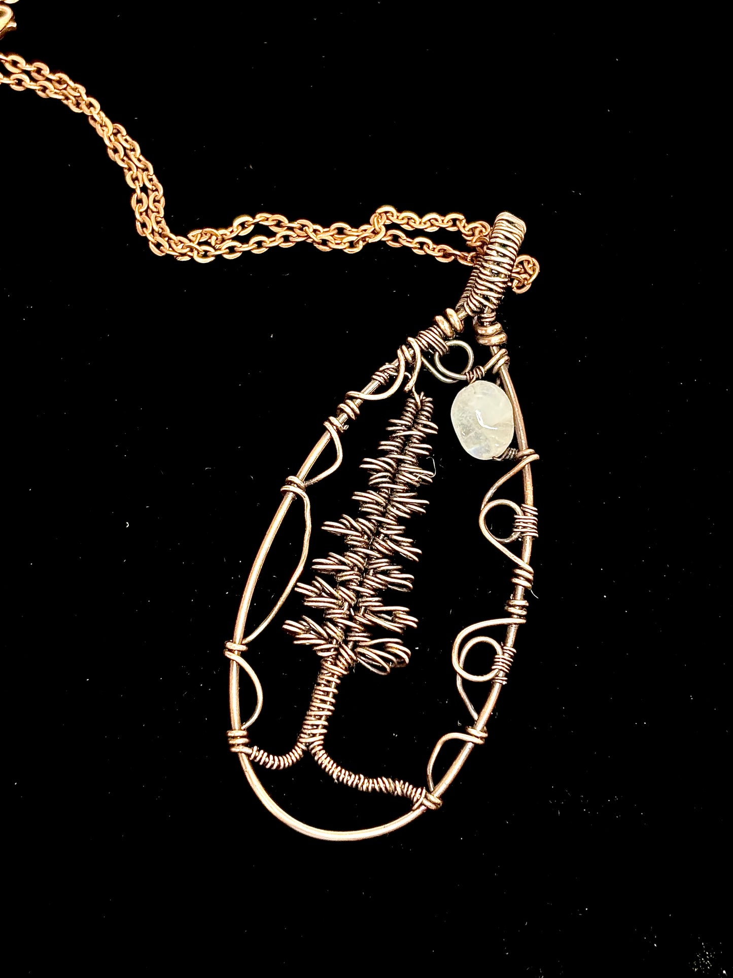 HAND CRAFTED Evergreen and Moonstone Wire Wrapped Copper Statement Necklace, Artisan Handmade Jewelry Unisex Gift for Him or Her