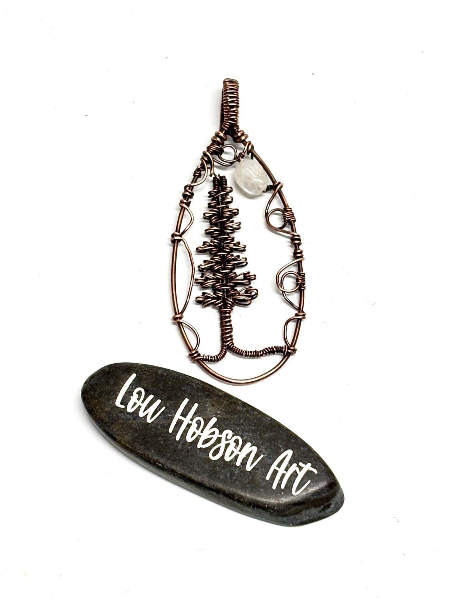 HAND CRAFTED Evergreen and Moonstone Wire Wrapped Copper Statement Necklace, Artisan Handmade Jewelry Unisex Gift for Him or Her