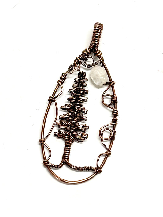 HAND CRAFTED Evergreen and Moonstone Wire Wrapped Copper Statement Necklace, Artisan Handmade Jewelry Unisex Gift for Him or Her