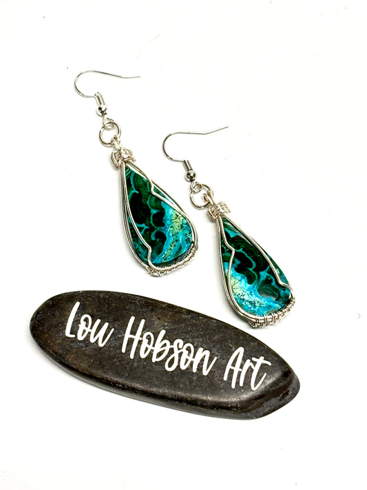 HAND CRAFTED Malachite Chrysocolla Wire Wrapped Silver Plated Copper Earrings, Handmade Gift for Her