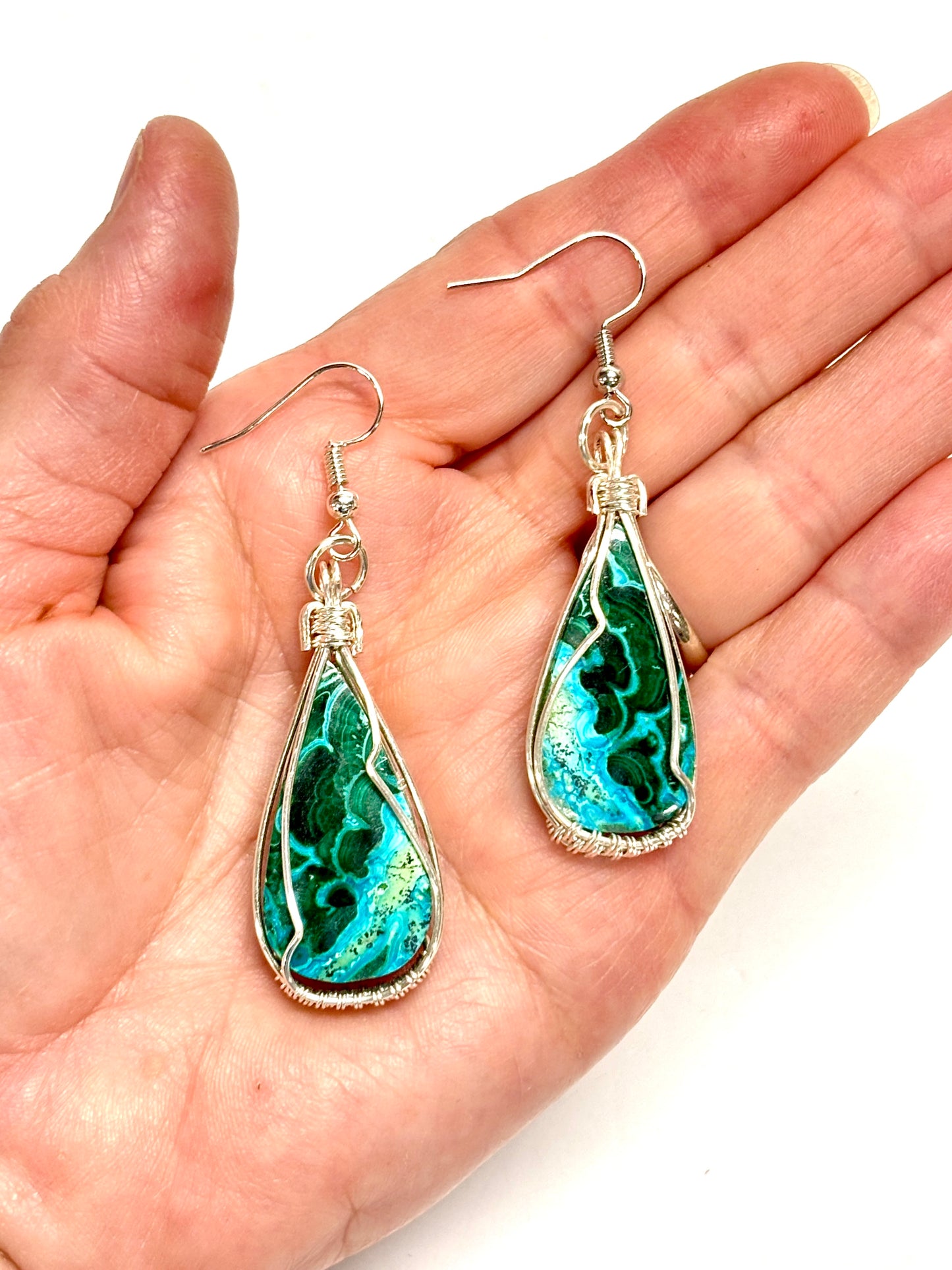 HAND CRAFTED Malachite Chrysocolla Wire Wrapped Silver Plated Copper Earrings, Handmade Gift for Her