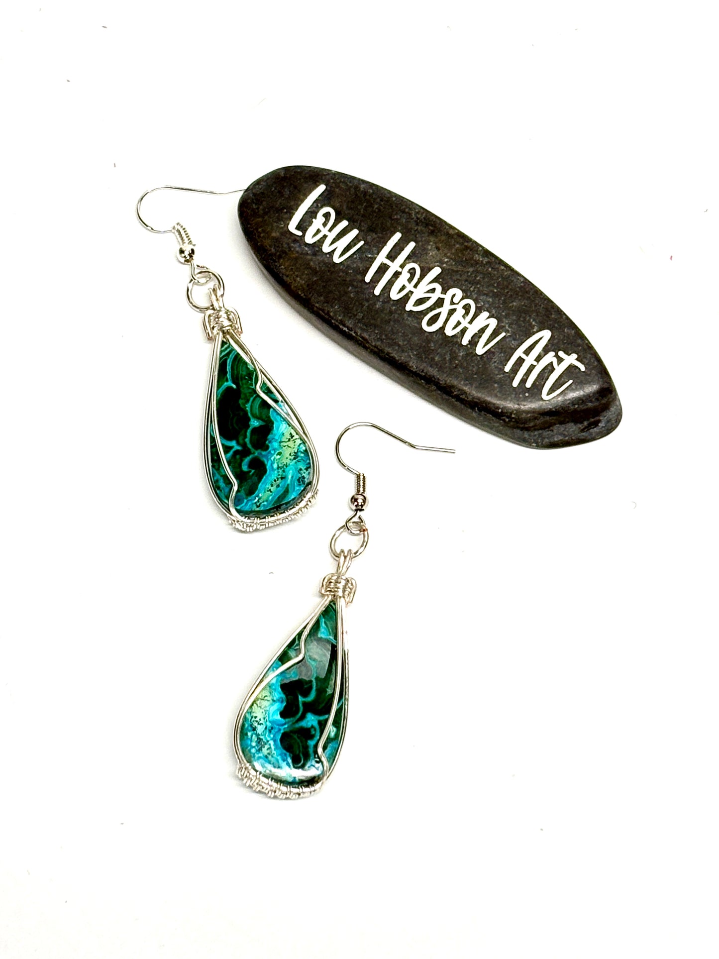 HAND CRAFTED Malachite Chrysocolla Wire Wrapped Silver Plated Copper Earrings, Handmade Gift for Her
