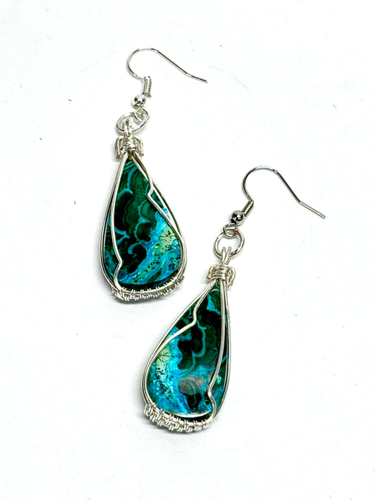 HAND CRAFTED Malachite Chrysocolla Wire Wrapped Silver Plated Copper Earrings, Handmade Gift for Her