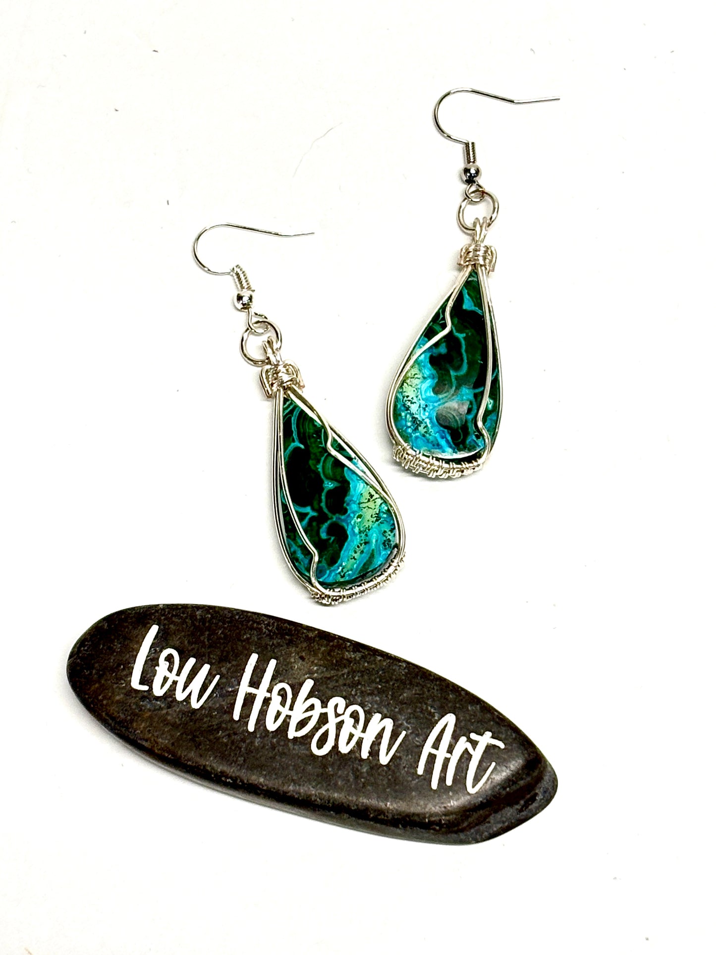 HAND CRAFTED Malachite Chrysocolla Wire Wrapped Silver Plated Copper Earrings, Handmade Gift for Her