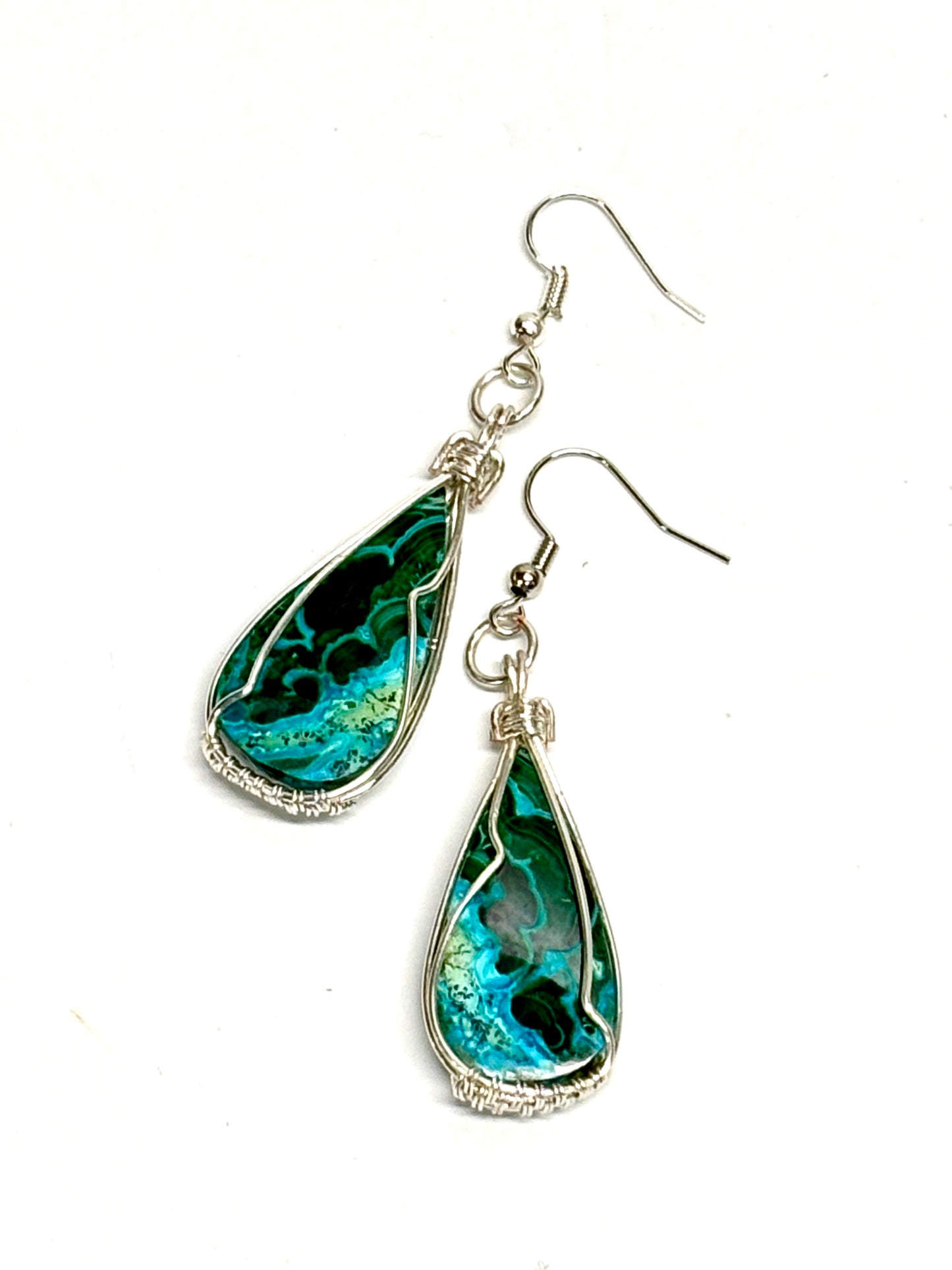 HAND CRAFTED Malachite Chrysocolla Wire Wrapped Silver Plated Copper Earrings, Handmade Gift for Her