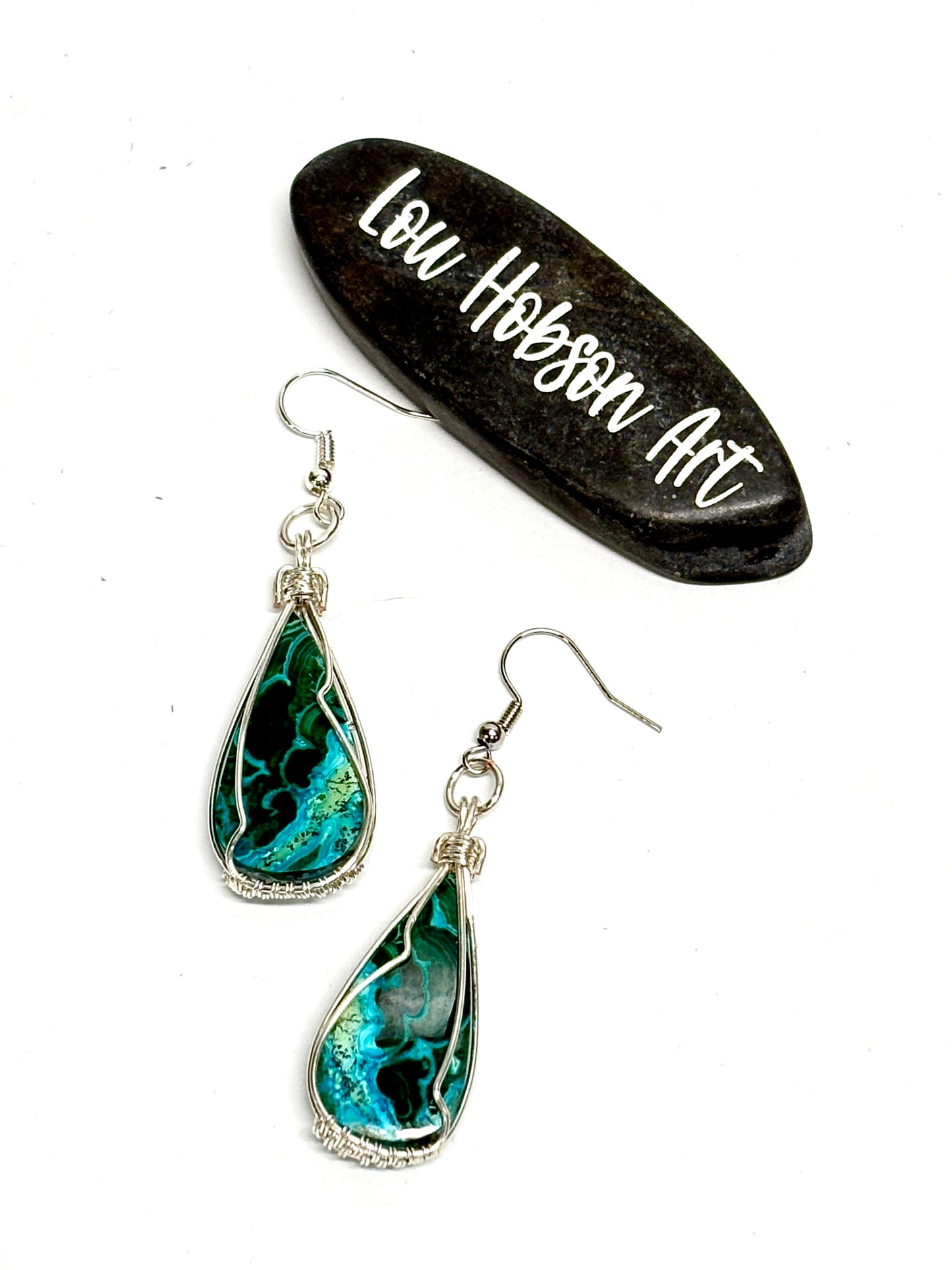 HAND CRAFTED Malachite Chrysocolla Wire Wrapped Silver Plated Copper Earrings, Handmade Gift for Her