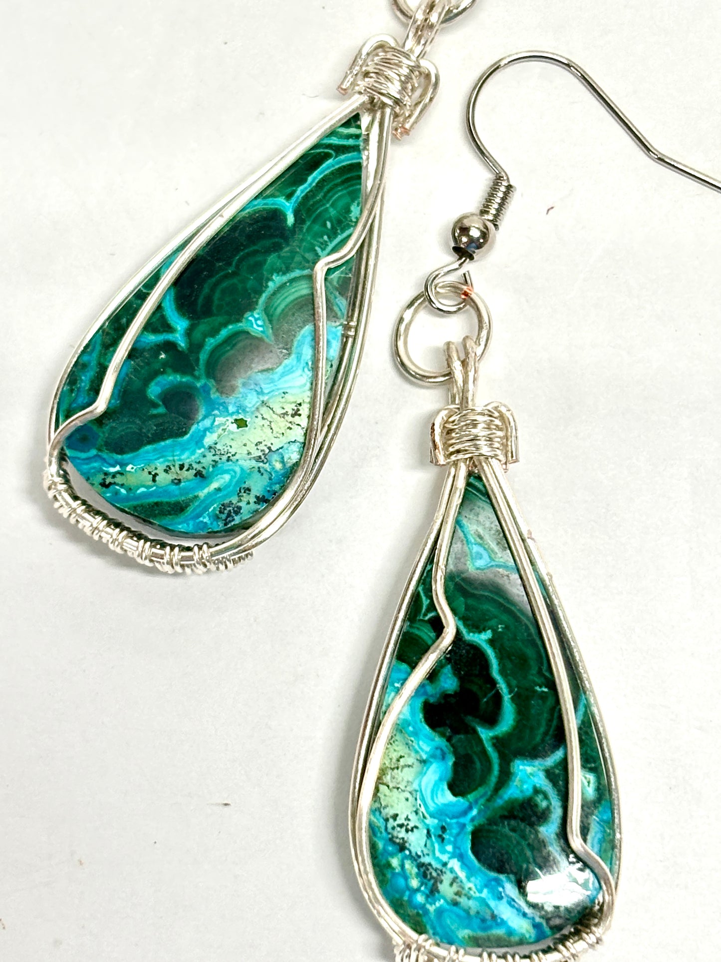 HAND CRAFTED Malachite Chrysocolla Wire Wrapped Silver Plated Copper Earrings, Handmade Gift for Her