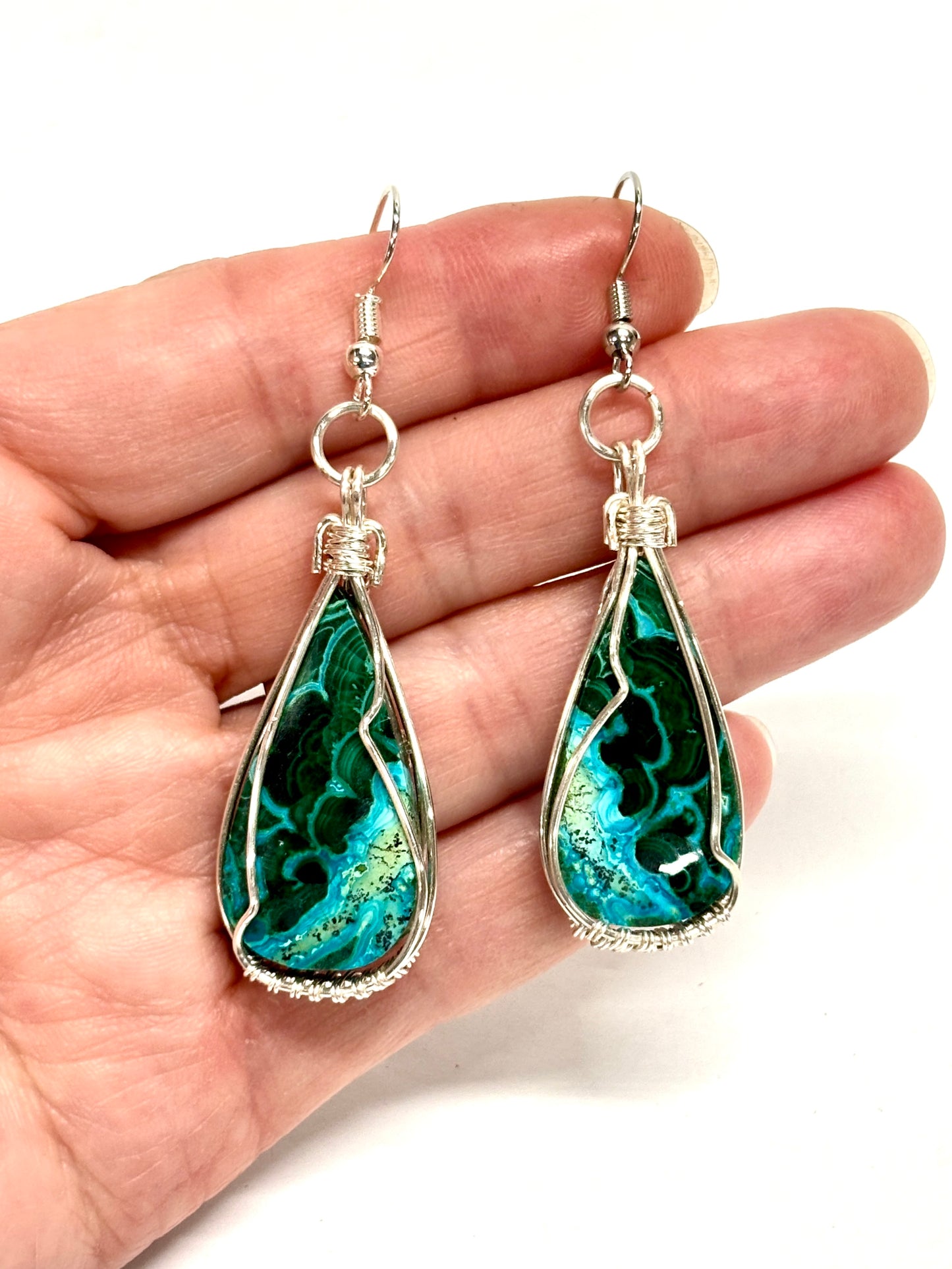HAND CRAFTED Malachite Chrysocolla Wire Wrapped Silver Plated Copper Earrings, Handmade Gift for Her
