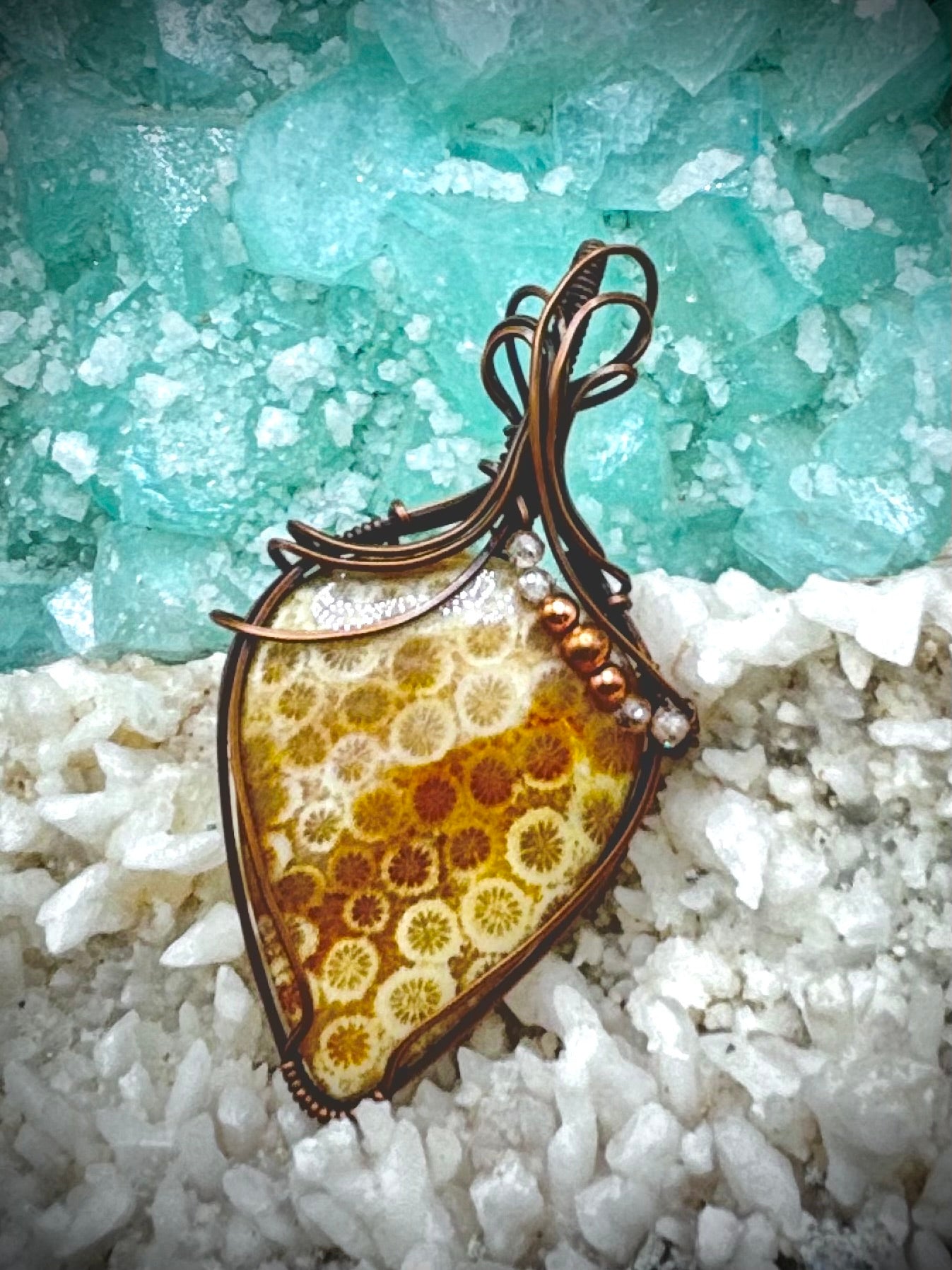 Fossilized Coral and Copper Pendant