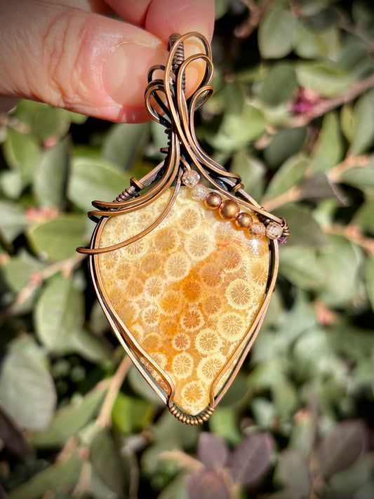 Fossilized Coral and Copper Pendant