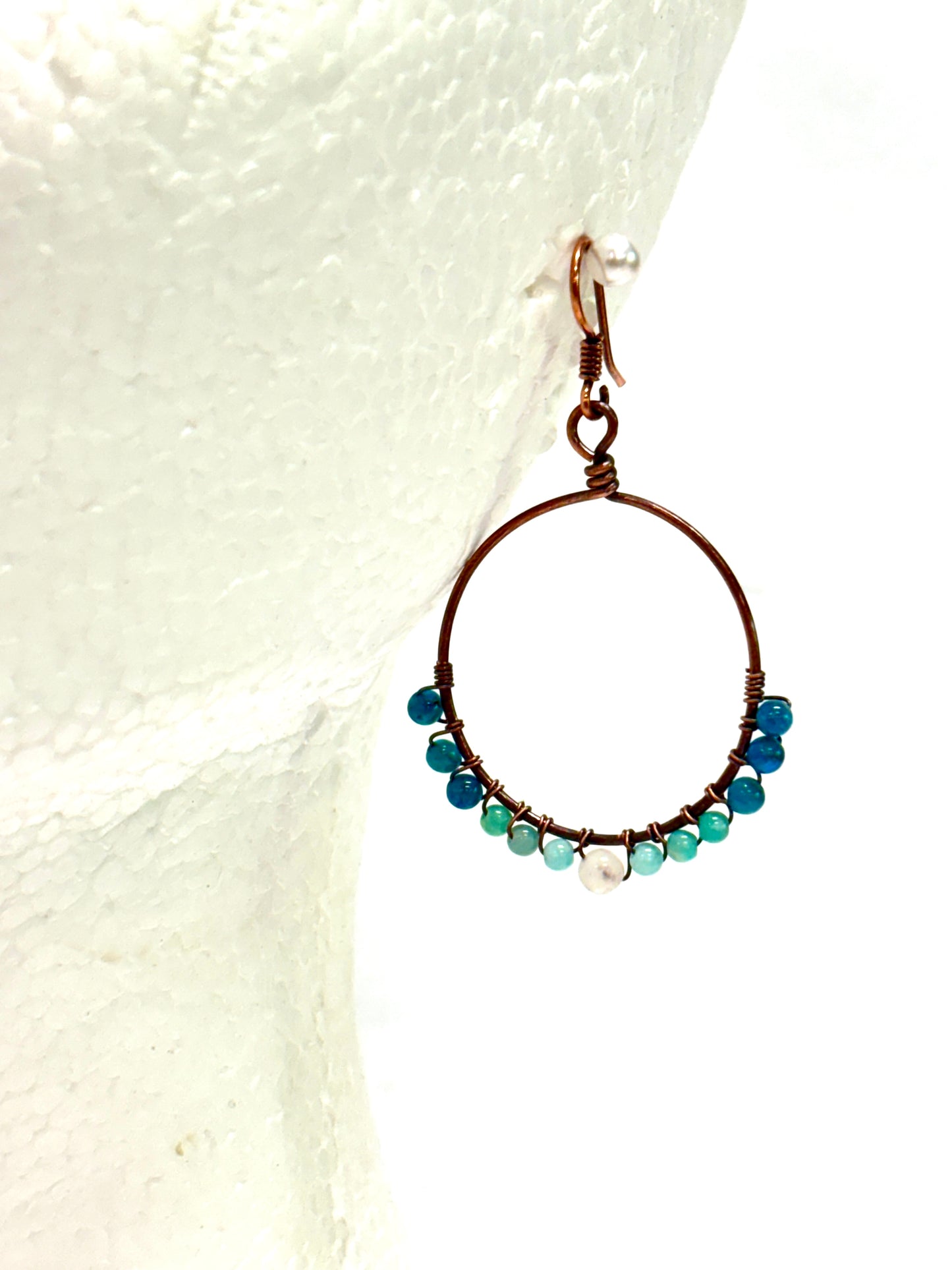 HANDMADE Genuine Gemstone Wire Wrapped Copper Hoop Dangle Earrings, Artisan Jewelry Gift