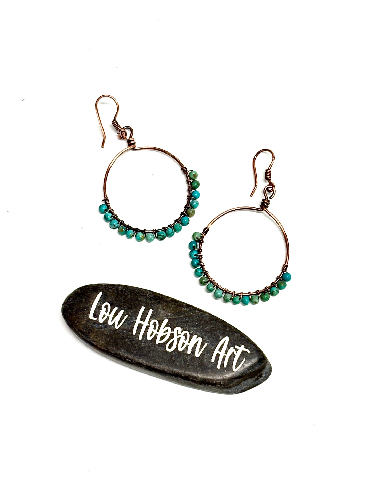 HANDMADE Genuine Gemstone Wire Wrapped Copper Hoop Dangle Earrings, Artisan Jewelry Gift