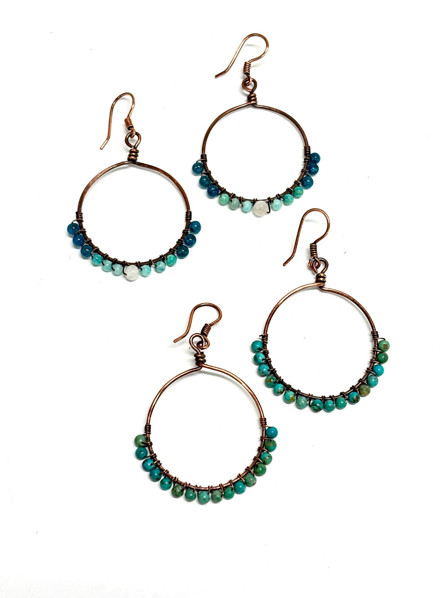 HANDMADE Genuine Gemstone Wire Wrapped Copper Hoop Dangle Earrings, Artisan Jewelry Gift