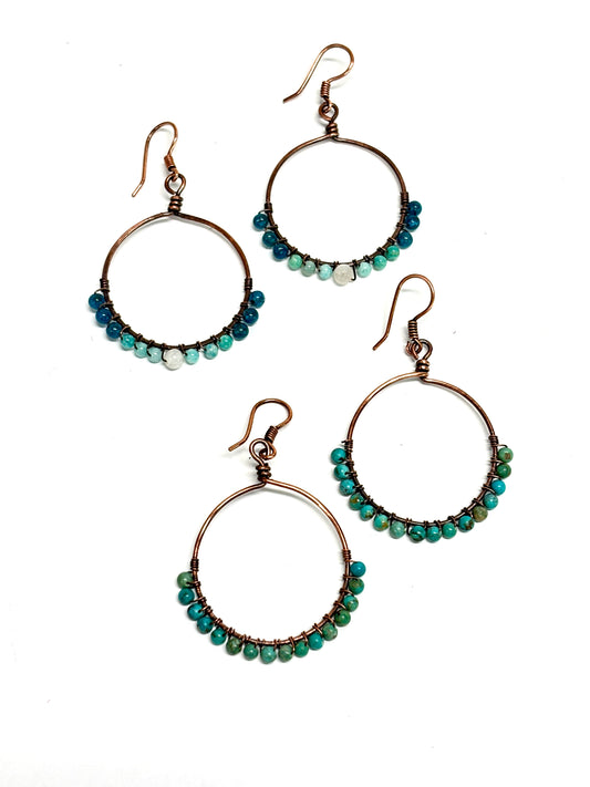 HANDMADE Genuine Gemstone Wire Wrapped Copper Hoop Dangle Earrings, Artisan Jewelry Gift