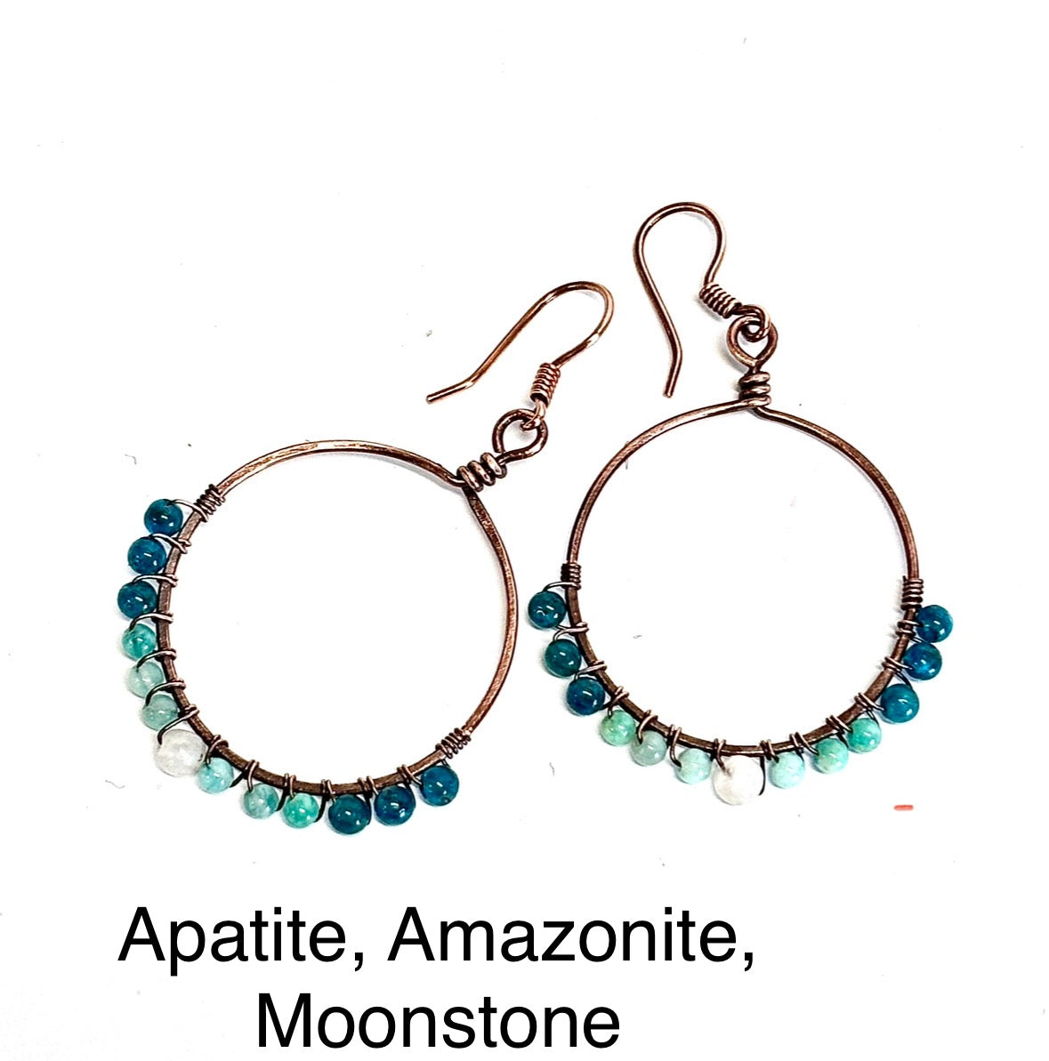 HANDMADE Genuine Gemstone Wire Wrapped Copper Hoop Dangle Earrings, Artisan Jewelry Gift