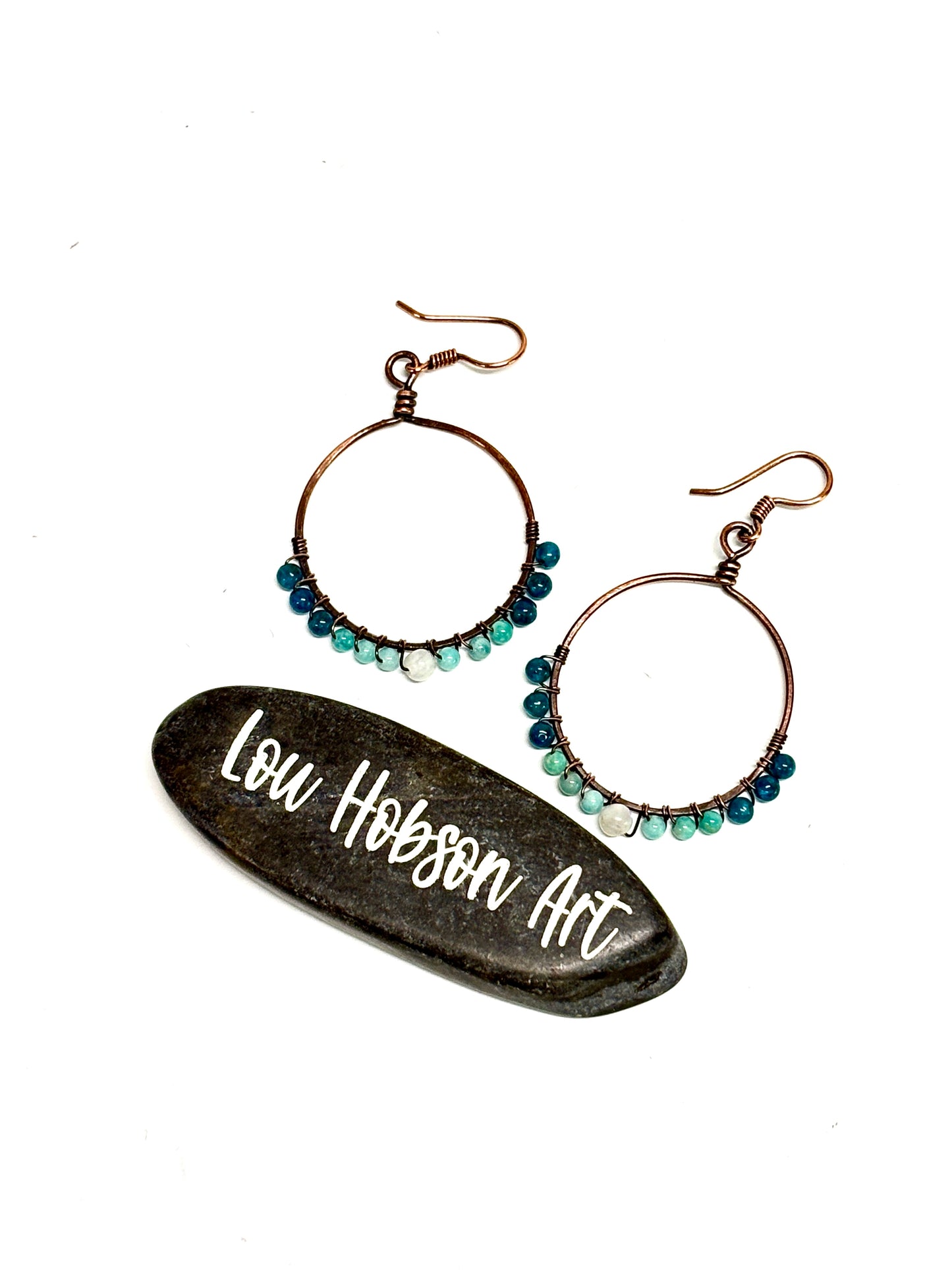 HANDMADE Genuine Gemstone Wire Wrapped Copper Hoop Dangle Earrings, Artisan Jewelry Gift
