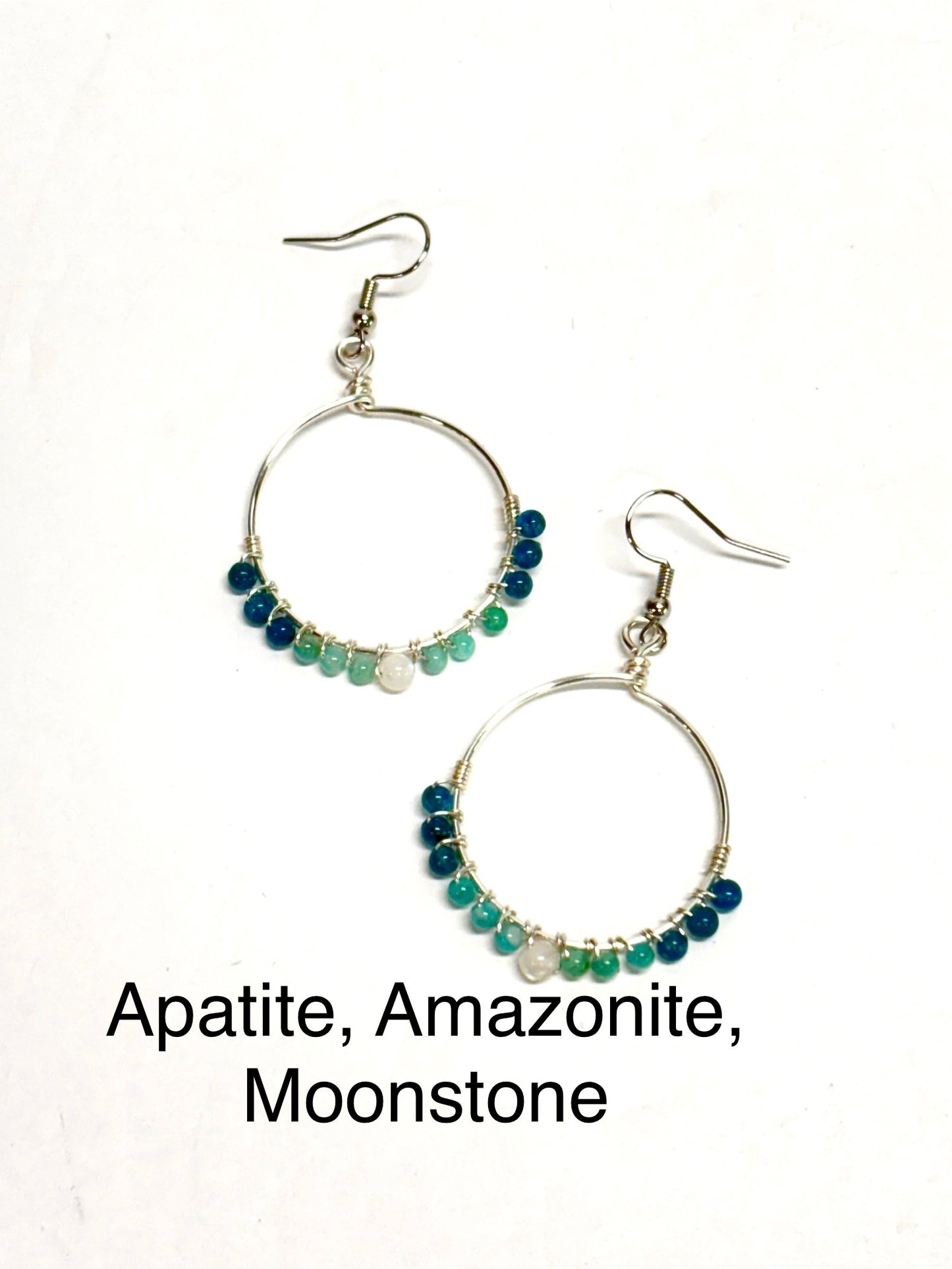 HANDMADE Gemstone Wire Wrapped Hoop Dangle Earrings, Artisan Jewelry Gift Her Woman Girl, Garnet, Hematite, Amazonite, Apatite, Moonstone