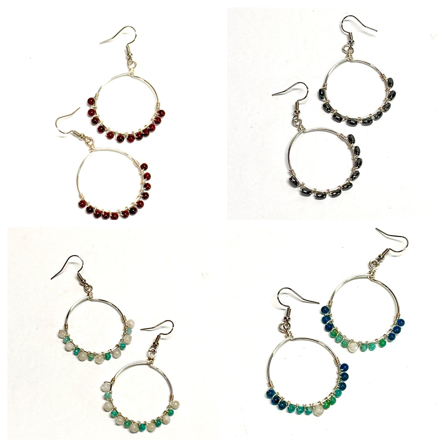 HANDMADE Gemstone Wire Wrapped Hoop Dangle Earrings, Artisan Jewelry Gift Her Woman Girl, Garnet, Hematite, Amazonite, Apatite, Moonstone