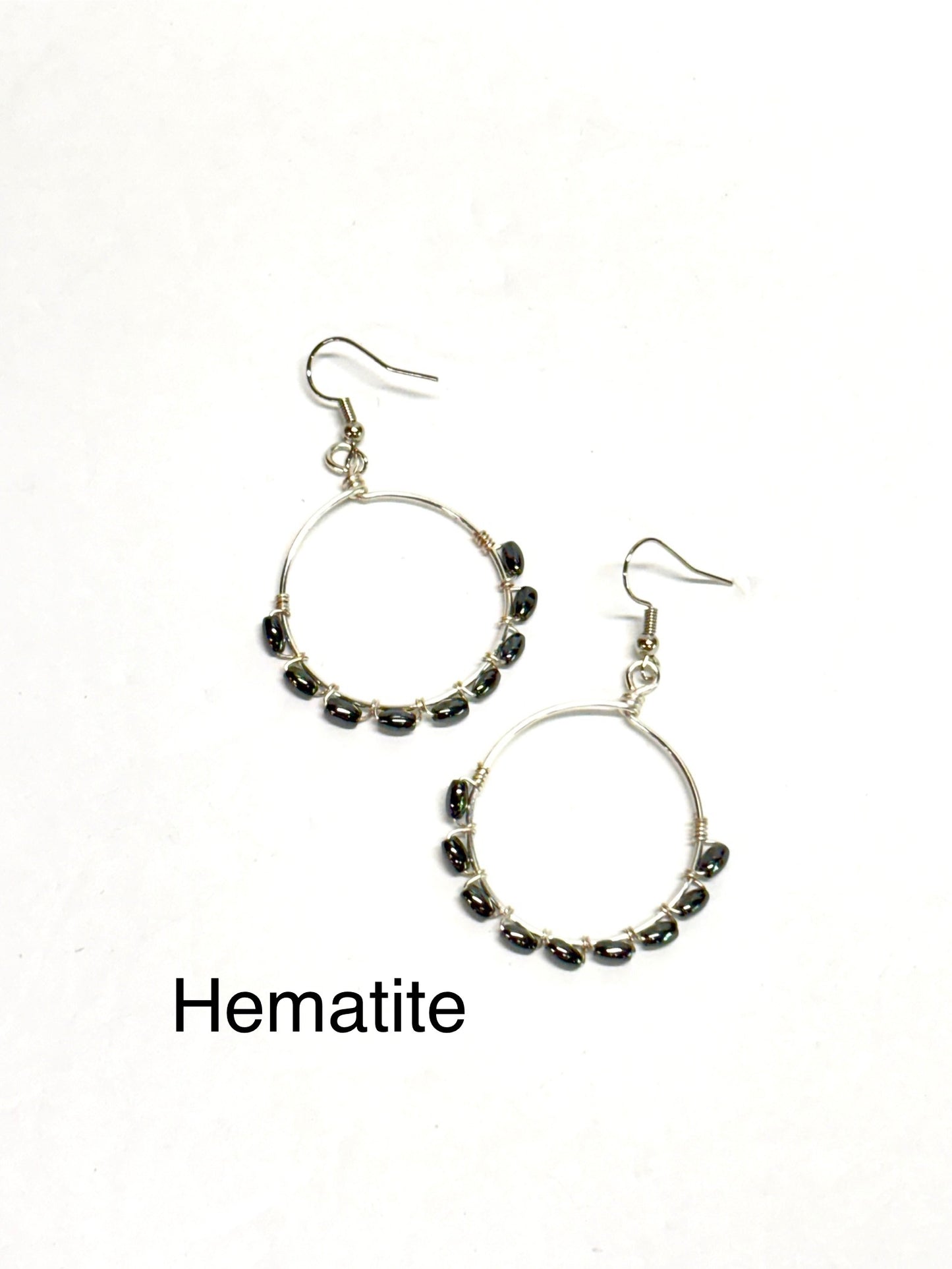 HANDMADE Gemstone Wire Wrapped Hoop Dangle Earrings, Artisan Jewelry Gift Her Woman Girl, Garnet, Hematite, Amazonite, Apatite, Moonstone