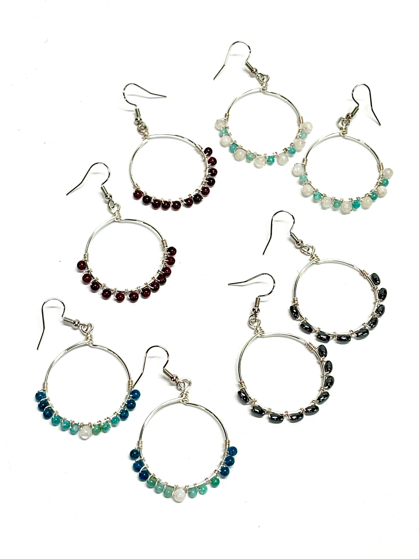 HANDMADE Gemstone Wire Wrapped Hoop Dangle Earrings, Artisan Jewelry Gift Her Woman Girl, Garnet, Hematite, Amazonite, Apatite, Moonstone
