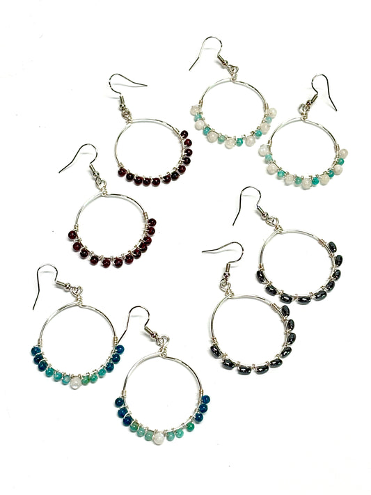 HANDMADE Gemstone Wire Wrapped Hoop Dangle Earrings, Artisan Jewelry Gift Her Woman Girl, Garnet, Hematite, Amazonite, Apatite, Moonstone