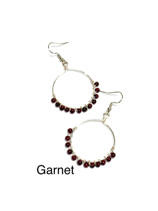 HANDMADE Gemstone Wire Wrapped Hoop Dangle Earrings, Artisan Jewelry Gift Her Woman Girl, Garnet, Hematite, Amazonite, Apatite, Moonstone