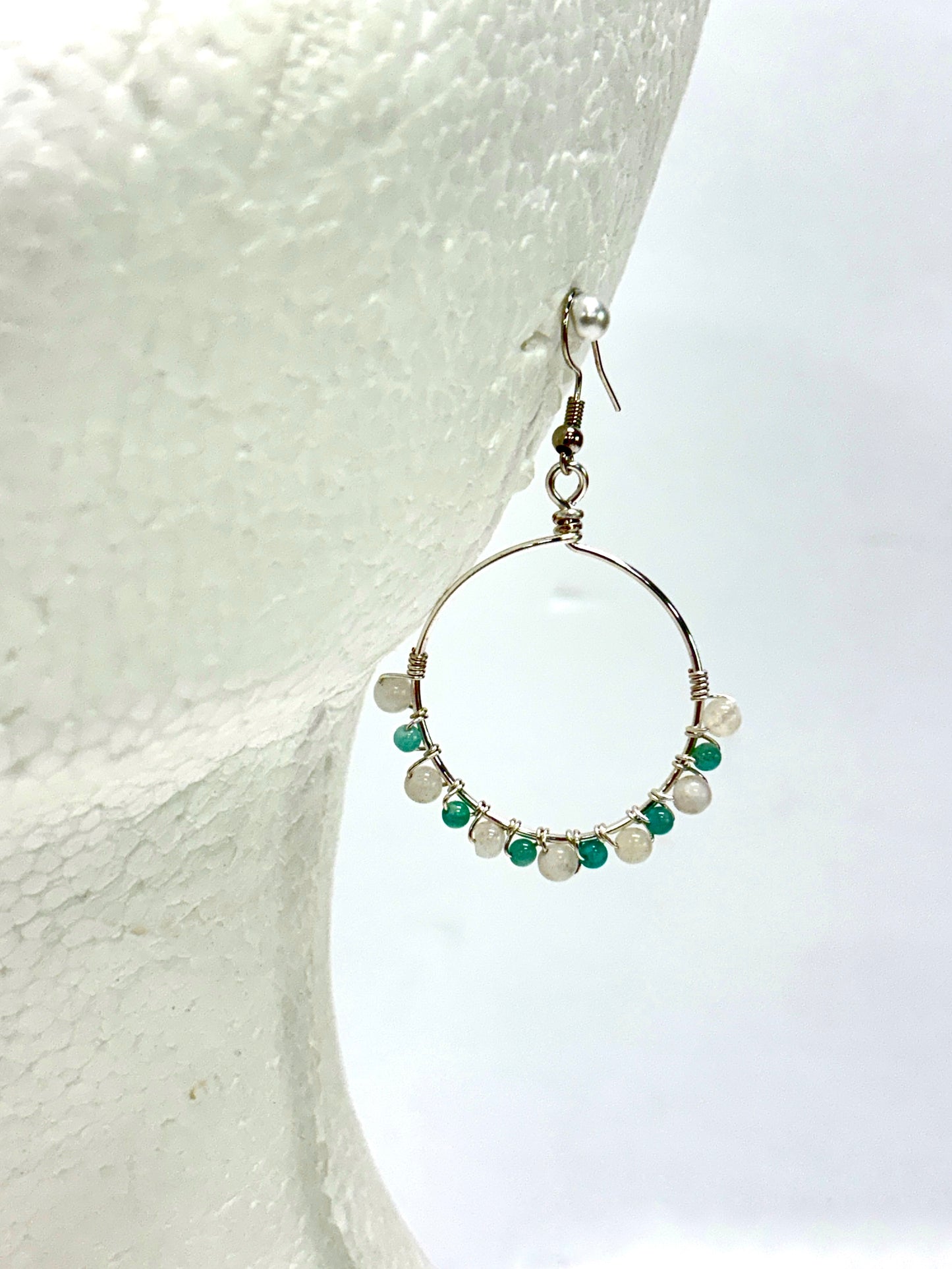HANDMADE Gemstone Wire Wrapped Hoop Dangle Earrings, Artisan Jewelry Gift Her Woman Girl, Garnet, Hematite, Amazonite, Apatite, Moonstone