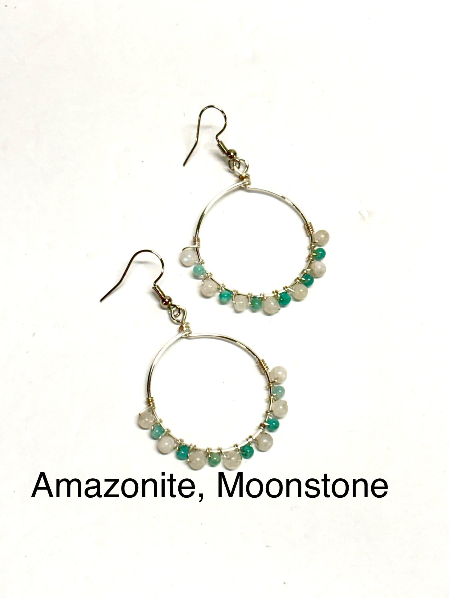 HANDMADE Gemstone Wire Wrapped Hoop Dangle Earrings, Artisan Jewelry Gift Her Woman Girl, Garnet, Hematite, Amazonite, Apatite, Moonstone