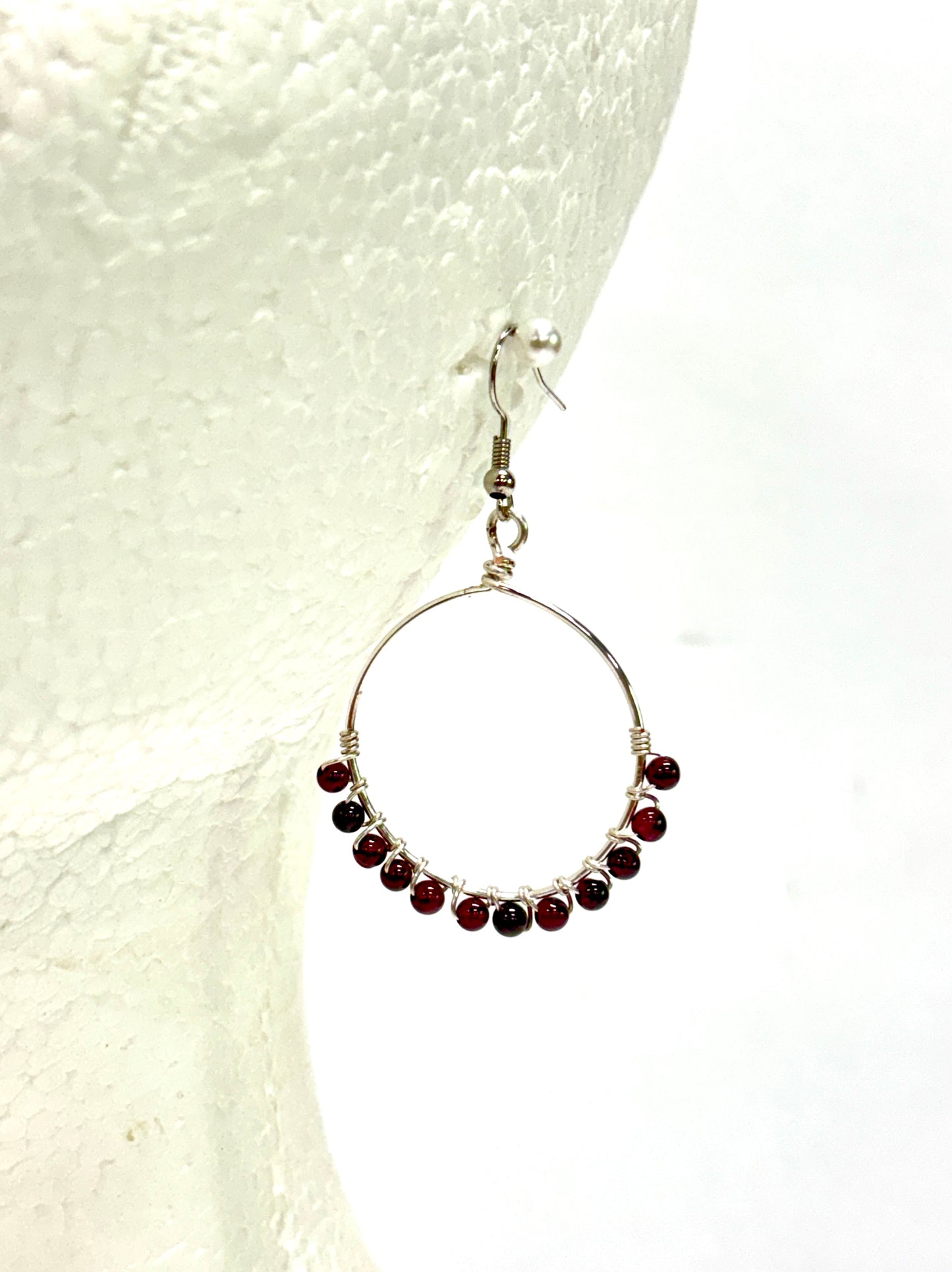 HANDMADE Gemstone Wire Wrapped Hoop Dangle Earrings, Artisan Jewelry Gift Her Woman Girl, Garnet, Hematite, Amazonite, Apatite, Moonstone