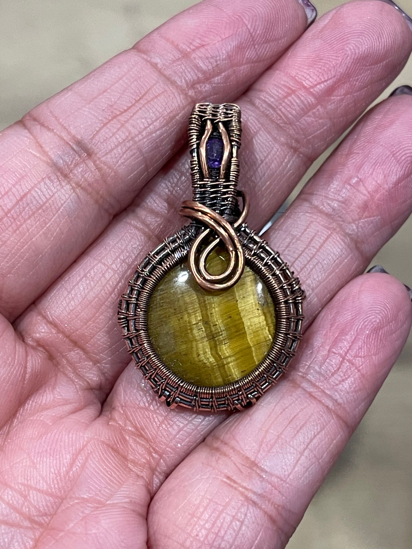 Copper wrapped Yellow Tigers Eye Pendant