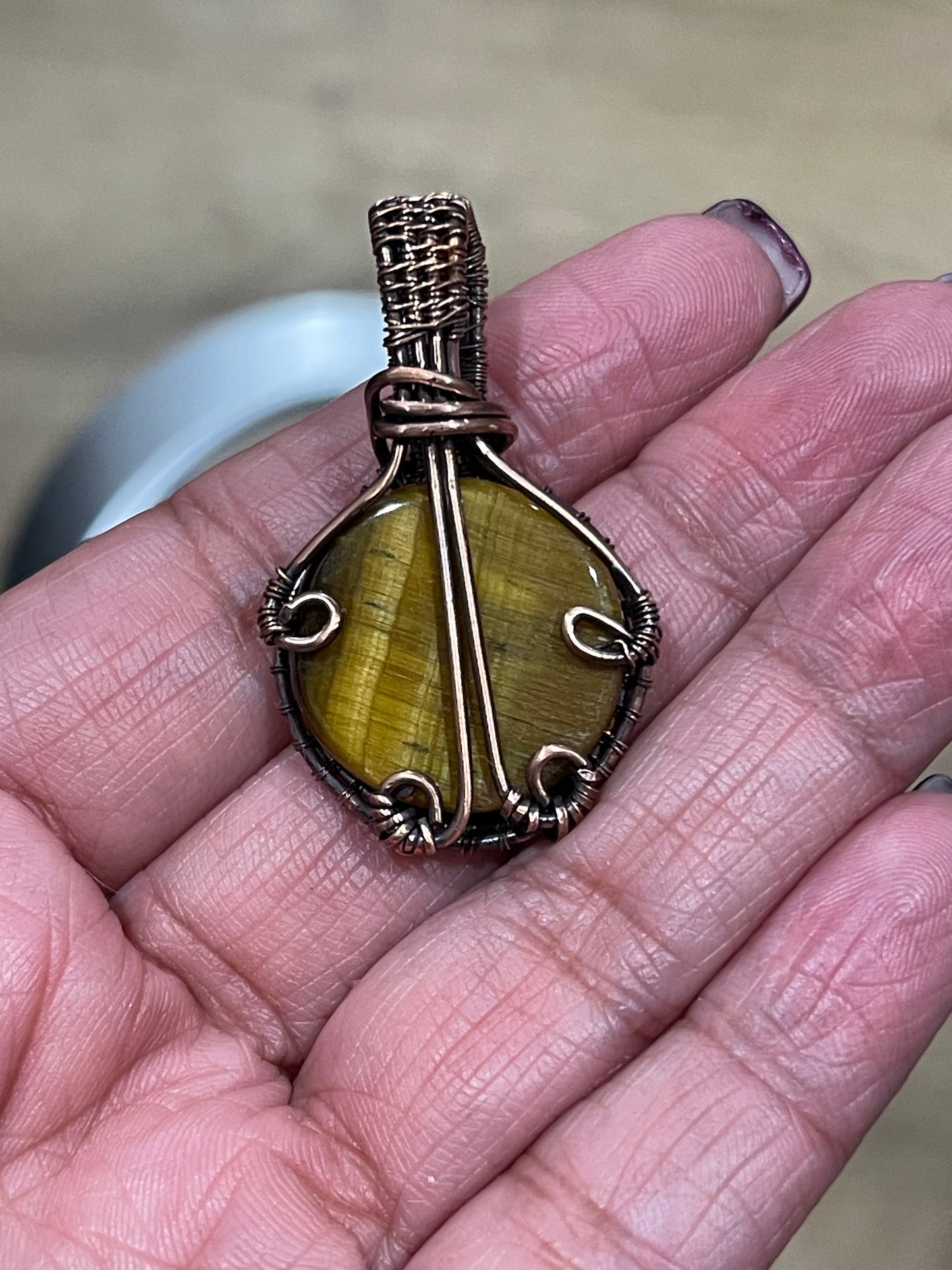 Copper wrapped Yellow Tigers Eye Pendant