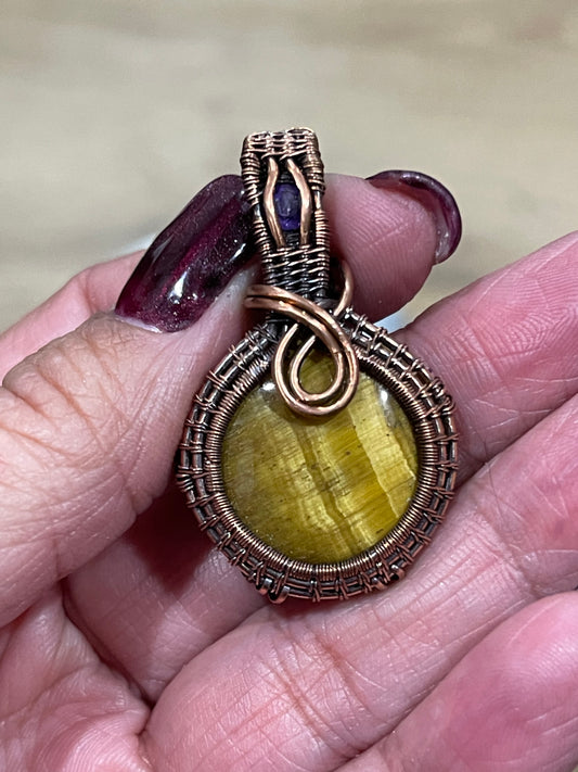 Copper wrapped Yellow Tigers Eye Pendant