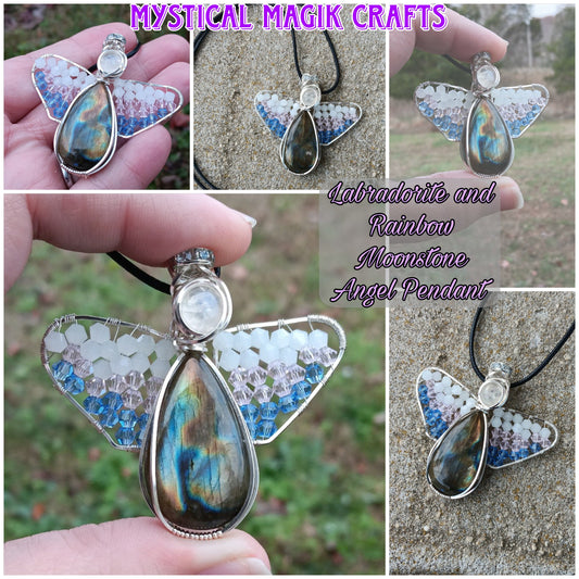 Labradorite and Rainbow Moonstone Angel Pendant