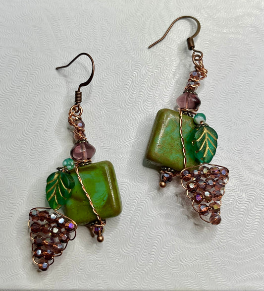 Nostalgic 90's Rustic Grape Link Wrapped Glass Beaded Bracelet & Earring Set