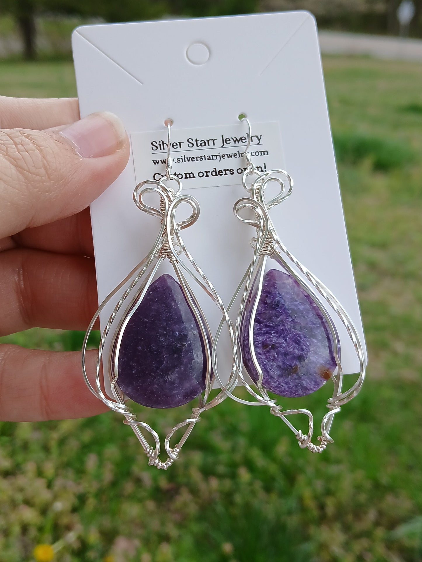 Charoite Silver Drop Earrings