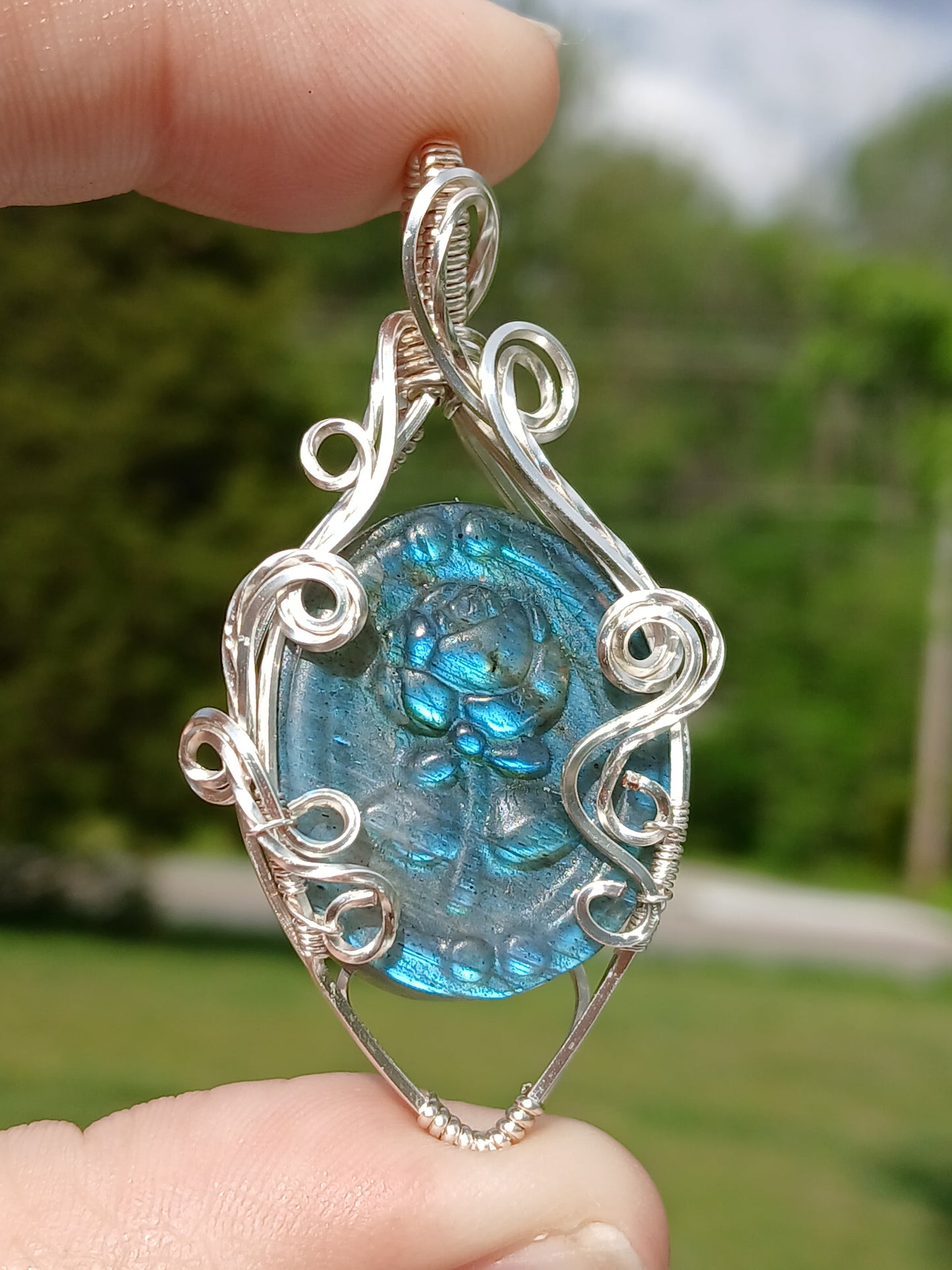 The Beastly Rose, Rose Carved Labradorite Silver Wrapped Pendant